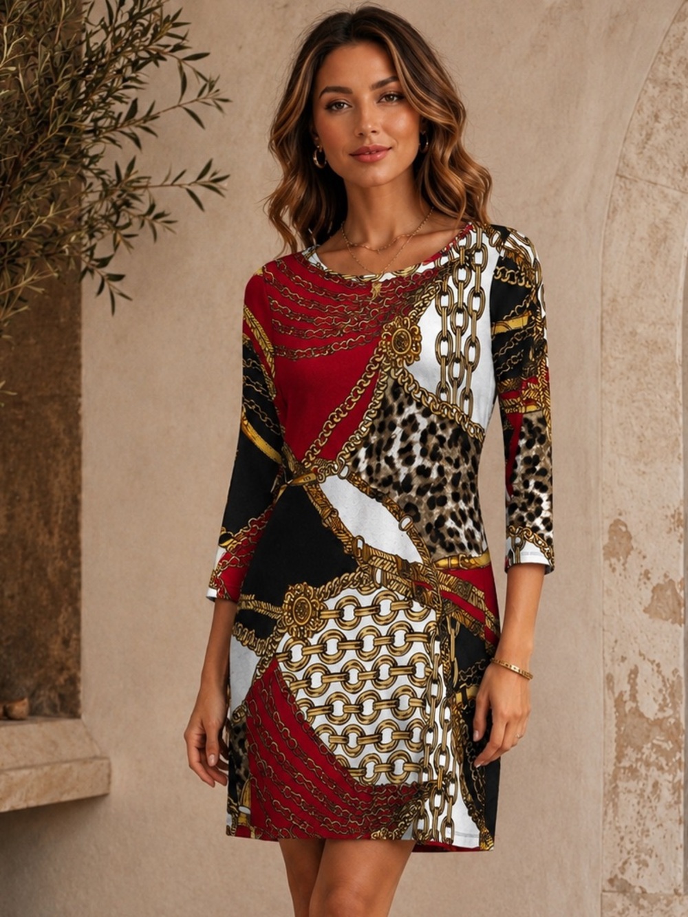 Sunny Leigh Women’s Chain-Print Long-Sleeve Shift Dress Size L